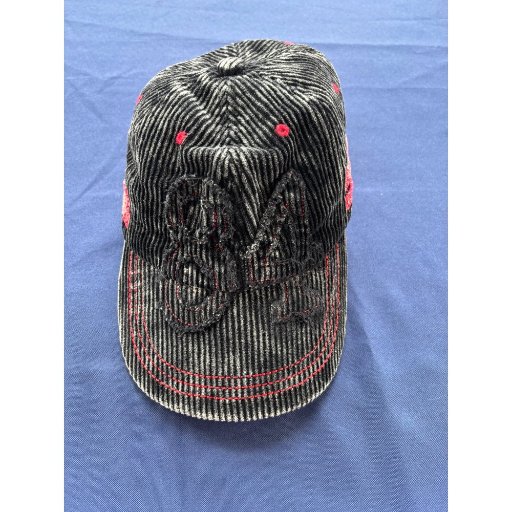 Free People Corduroy Baseball Cap‎ Acid Wash Black Red Distressed Adjustable Hat